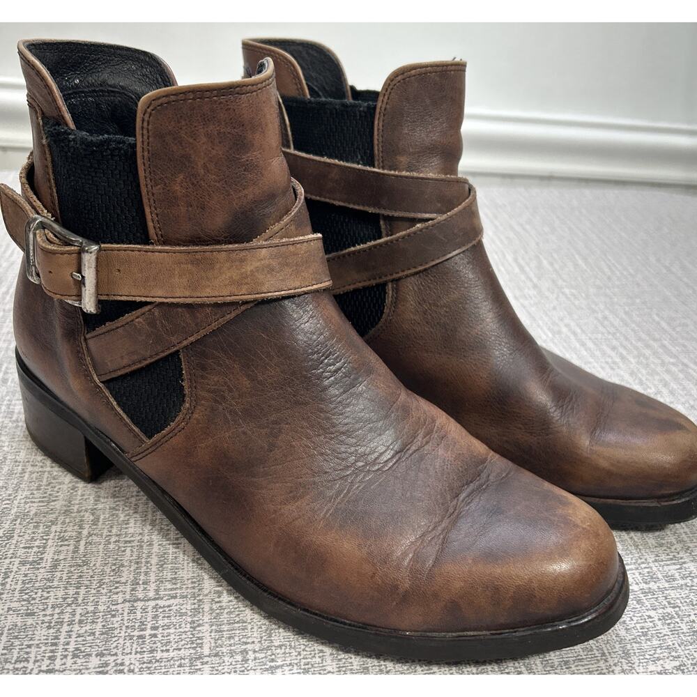 Wolky Ankle Boots Leather Bootie Women 7.5 Brown Biker Moto Straps Slipon Buckle